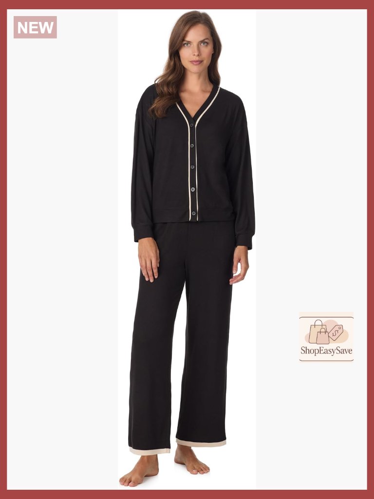 Long Sleeve Button Down Pajama Set - Cozy Sweater Knit Lounge Set - Wide Leg